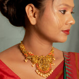 Deep Nakas Lakshmi With Orange Coral And Cz  Studded Short Necklace 24kt Gold polish