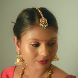 Deep Nakas Lakskhmi in Pink And Green Kundan Maangtikka 24kt Gold Polish