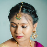 Deep Nakas Lakskhmi in Pink And Green Kundan Maangtikka 24kt Gold Polish