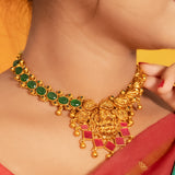 Deep Nakas Dhanya Lakshmi With Green Gem Stone Short Necklace 24kt Gold Polish