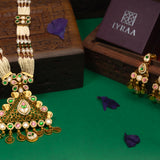 Deep Nakas Kemp Stone Triangular Shape Earrings With Kundan Long Necklace Green, White And Pink Ruby 24kt Gold polished