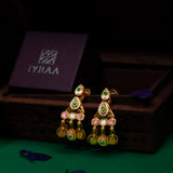 Deep Nakas Kemp Stone Triangular Shape Earrings With Kundan Long Necklace Green, White And Pink Ruby 24kt Gold polished