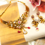 Deep Nakas Red And White Ruby Choker Necklace With Matching Earrings Leaf And Flower Shaped Kundan 24kt Gold polished