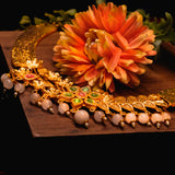 Deep Nakas Toned Choker Necklace With Matching Earrings Floral And Leaf Designs Kundan Green and Pink Ruby 24kt Gold polished