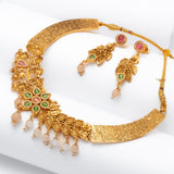 Deep Nakas Toned Choker Necklace With Matching Earrings Floral And Leaf Designs Kundan Green and Pink Ruby 24kt Gold polished