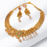 Deep Nakas Toned Choker Necklace With Matching Earrings Floral And Leaf Designs Kundan Green and Pink Ruby 24kt Gold polished