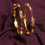 Deep Naka Pink White Ruby Peacock Bangles Kundan 24kt Gold polished
