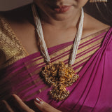 Deep Nakas Gajalakshmi in pearls long Necklace with CZ Studed 24kt Gold Polish
