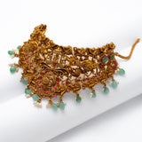 Deep Nakas Gajalaksmi With Pink Kundan And Green Polkis Choker in CZ studded 24kt Gold Polish