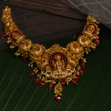 Deep Nakas Mahalakshmi With Red Poliks in CZ Studded Short Necklace 24kt Gold Polish