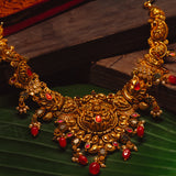 Deep Nakas Mahalakshmi With Red Poliks in CZ Studded Short Necklace 24kt Gold Polish