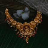 Deep Nakas Mahalakshmi With Red Poliks in CZ Studded Short Necklace 24kt Gold Polish