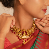 Deep Nakas Mahalakshmi With Red Poliks in CZ Studded Short Necklace 24kt Gold Polish