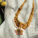 Deep Nakas Peacocok With Red Polkis in CZ Studed And Mossianite Long Necklace 24kt Gold Polish