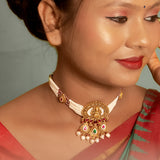 Deep Nakas Lakshmi With Pink Kundan Choker With Earrings 24kt Gold Polish