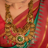 Deep Nakas Bagya Lakshmi With Green Polkis Long Necklace 24kt Gold Polish