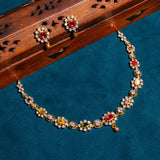 Navarathan Stones in Flowers Short Necklace With Earrings 18kt Gold Polish