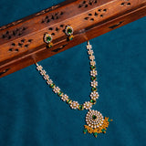 World Of Flowers With Green Emerld And Cz Studed Short Necklace With earrings 18kt Gold Polish