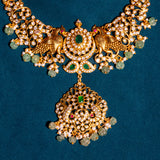 Peacock in Mossianite With Green Kundan Short Necklace 24kt Gold Polish