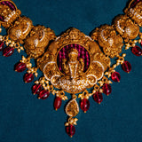 Deep Nakas Mahalaksmi With Red Poliks in CZ Studed Short Necklace 24kt Gold Polish