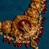 Deep Nakas Mahalaksmi With Red Poliks in CZ Studed Short Necklace 24kt Gold Polish