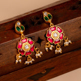 Pink Kundan Flower Droplets With Pearls Earrings in 24kt Gold Polish