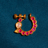 Deep Nakas Red Kundan Studed With mossianite In Parrot Nosepin 24kt Gold polish