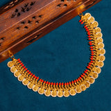 Deep Nakas Kasula Mala In Lakshmi With Cz Studed And  Red Beeds Short Necklace 24kt Gold Polish