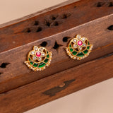 Green and Red  Kundan Studs in 24kt Gold Polish