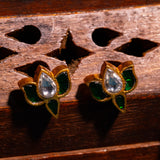 Green Lotus Kundan Pendant With Earrings in 24kt Gold Polish