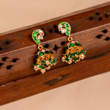 Peacock Green and Pink Kundan with Mossianite Jhumkas in 24kt Gold Polish