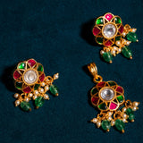 Pink And Green Kundan Studed Pendant With Earrings 24 kt Gold Polish