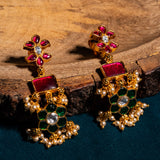 Green And Pink kundan Chandbali Earrings 24kt Gold Polish