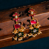 Green And Pink kundan Chandbali Earrings 24kt Gold Polish