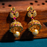 Leaves Studed In CZ And Pink Stone Earrings 18kt Gold Polish