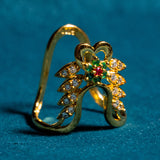 Green Flower With Leaves Cz Studed Vanki Ring 18kt Gold Polish