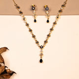 Navy Blue Cz Studed in Flowers Nedcklace With Earrings 18kt Gold Polish